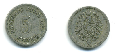 ГЕРМАНИЯ 5 ПФЕННИГОВ 1875 A, СТАРОГЕРБОВКА KM 3, J.3 медно-никель 54-356