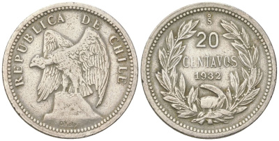 Чили 20 сентаво 1932 KM 167 медно-никель 4513-1044