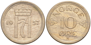 НОРВЕГИЯ 10 ЭРЕ 1957 ХОКОН VII KM 396 медно-никель aUNC 187-755