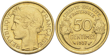 ФРАНЦИЯ 50 САНТИМОВ 1937 ТИП MORLON KM 894.1, LE FRANC 192.13 алюминиевая бронза 44-743