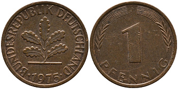 ФРГ 1 ПФЕННИГ 1975 J KM 105, J.380 сталь плакированная медью 96-1068
