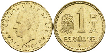 Испания 1 песета 1980 (80) чемпионат мира по футболу в Испании 1982 года, Хуан Карлос I (1975-) KM 816 алюминиевая бронза 4364-3624