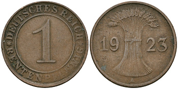 Германия 1 рентенпфенниг 1923 A KM 30, J. 306 бронза 4608-262