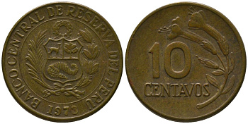 Перу 10 сентаво 1973 KM 245.2, Schon 50 латунь 4532-368