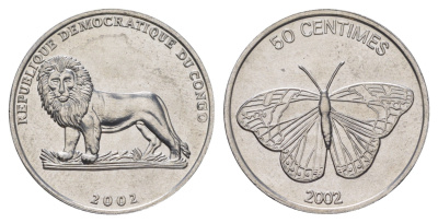 ДР Конго 50 сантимов 2002 Животные - Бабочка KM 80 алюминий UNC 4626-431