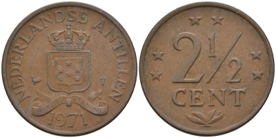 Нидерландские Антилы 2 1/2 цента 1971 Юлиана (1948-1980) KM 9 бронза 4595-414