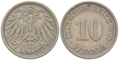 Германия 10 пфеннигов 1908 A KM 12, Jager 13, Weege 8 медно-никель 4589-346