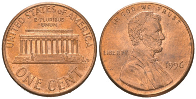 США 1 цент 1996 Авраам Линкольн KM 201b цинк плакированный медью UNC 192-1023