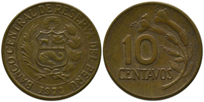 Перу 10 сентаво 1973 KM 245.2, Schon 50 латунь 4532-368