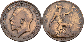 Великобритания 1 пенни 1917 Георг V (1910-1936) KM 810, Spink 4051 бронза    4149-423
