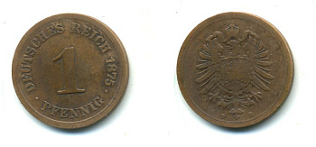 ГЕРМАНИЯ 1 ПФЕННИГ 1875 D, СТАРОГЕРБОВКА KM 1, J. 1 медь 54-112