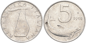 Италия 5 лир 1998 R, дельфин KM 92 алюминий  UNC  4594-824