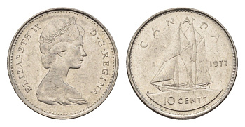 Канада 10 центов 1977 Елизавета II (1952-2022), парусник KM 77 никель 4611-566