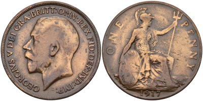 Великобритания 1 пенни 1917 Георг V (1910-1936) KM 810, Spink 4051 бронза    4149-423