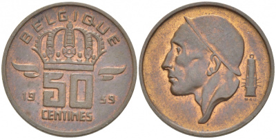 БЕЛЬГИЯ 50 САНТИМОВ 1959 BELGIQUE KM 148.1 бронза 3996-1246