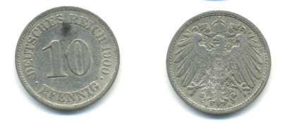 Германия 10 пфеннигов 1900 A KM 12, J. 13 медно-никель 4379-831