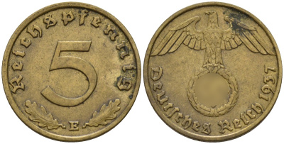 Германия 5 рейхспфеннигов 1937 E KM 91, J. 363 алюминиевая бронза 4151-753