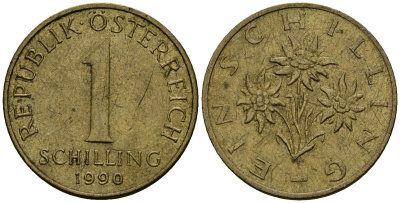 Австрия 1 шиллинг 1990 KM 2886 алюминиевая бронза 4135-233