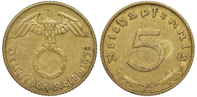 Германия 5 рейхспфеннигов 1938 A - Берлин KM 91 алюминиевая бронза 4173-649