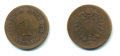 ГЕРМАНИЯ 1 ПФЕННИГ 1875 D, СТАРОГЕРБОВКА KM 1, J. 1 медь 54-112