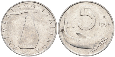 Италия 5 лир 1998 R, дельфин KM 92 алюминий  UNC  4594-824