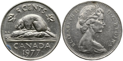 Канада 5 центов 1977 Елизавета II (1952-2022), бобр KM 60.1 никель 3336-237
