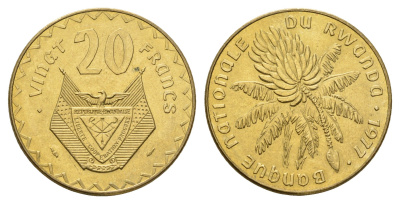 Руанда 20 франков 1977 год-тип KM 15 латунь UNC 4678-315