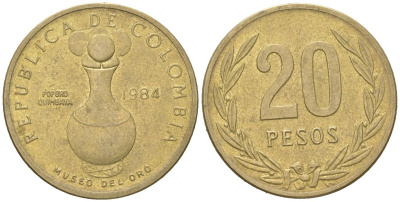 Колумбия 20 песо 1984 KM 271 алюминиевая бронза 4401-341