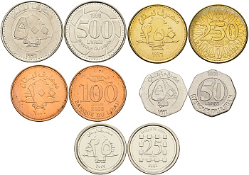 Ливан лот из 5 монет 1996-2002 (25, 50, 100, 250 и 500 ливров) UNC M79-13