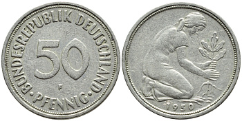 ФРГ 50 ПФЕННИГОВ 1950 F KM 109.1, J. 384 медно-никель 4392-1048