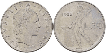 ИТАЛИЯ 50 ЛИР 1955 R, БОГ ОГНЯ ВУЛКАН У НАКОВАЛЬНИ KM 95.1 нержавеющая сталь 67-646