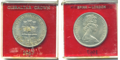 Гибралтар 1 крона 1967 Елизавета II (1952-2022), старый замок, в оригинальной пластиковой коробке, первый год чекана KM 4 медно-никель UNC 6-6-1-16
