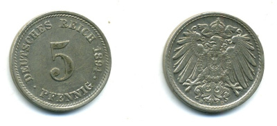 ГЕРМАНИЯ 5 ПФЕННИГОВ 1894 D, KM 11, J. 12 медно-никель 54-367