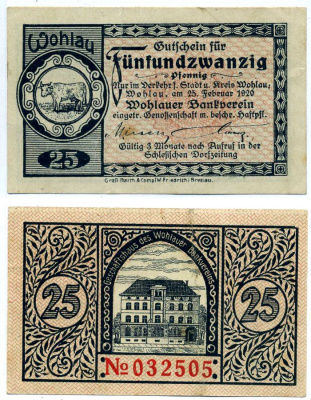 Вохлау 25 пфеннигов 1920 25 Февраля 1920, нотгельд, земля Силезия Tie:8050.10.06 бумага 2195-40-2-2