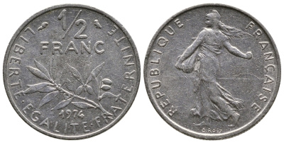 ФРАНЦИЯ 1/2 ФРАНКА 1974 СЕЯТЕЛЬ KM 931.1, LE FRANC 198.13 никель 26-1022