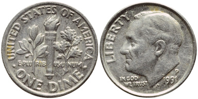 США 10 ЦЕНТОВ = 1 ДАЙМ 1991 Р, РУЗВЕЛЬТ KM 195а медь плакированная медно-никелем 4396-443