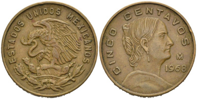 Мексика 5 сентаво 1968 Жозефа Ортис де Домингес KM 426 латунь 92-931