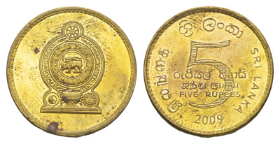 Шри-Ланка 5 рупий 2009 KM 148a сталь плакированная латунью 4638-431