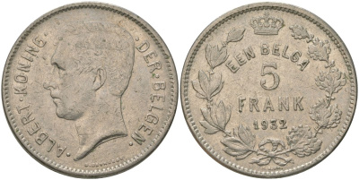 Бельгия 5 франков 1932 Belgen, Альберт I (1909-1934) KM 98 никель 4157-1135