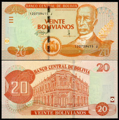 Боливия 20 боливиано 1986 (2015-2016) серия J, Панталеон Даленсе Pick 244 (2)  бумага  UNC (пресс) 7202-1-2