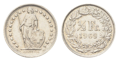 Швейцария 1/2 франка 1969 B KM 23a медно-никель 4705-869