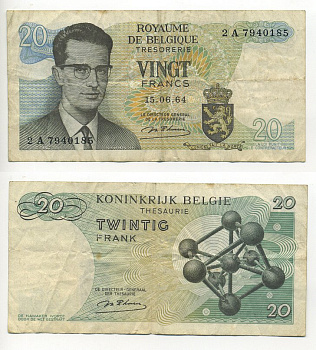Бельгия 20 франков 1964 Бодуэн I, атомиум, d Haeze Pick 138 (1) бумага 6301-27-1