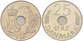 ДАНИЯ 25 ЭРЕ 1978 S; B, МАРГРЕТЕ II (1972-) KM 861.1 медно-никель UNC 106-236