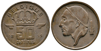 БЕЛЬГИЯ 50 САНТИМОВ 1955 BELGIQUE KM 144 бронза 4383-1153