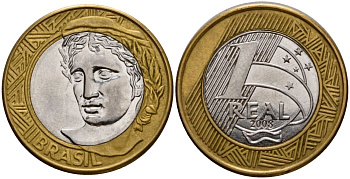 Бразилия 1 реал 2008 KM 652a биметалл 4143-452