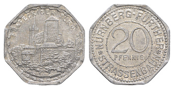 Нюрнберг трамвайный (транспортный) жетон в 20 пфеннигов ND (1920-1921) пятиугольная башня Men05 19256.12, Men18 24102.12 алюминий 4638-341