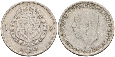 Швеция 1 крона 1946 TS, Густав V (1907-1950) KM 814 серебро 4148-1027