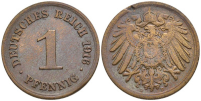 ГЕРМАНИЯ 1 ПФЕННИГ 1916 D KM 10, Jager. 10, Weege 2 медь 4528-759