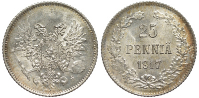 Россия для Финляндии 25 пенни 1917 S, временное правительство, без короны KM 19, Биткин 2 серебро 75-1518