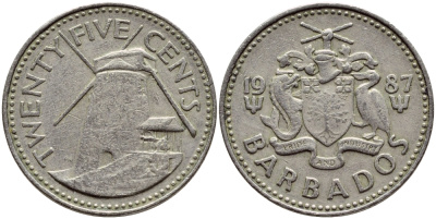 Барбадос 25 центов 1987 ветряная мельница Моргана Льюиса KM 13 медно-никель 4398-424